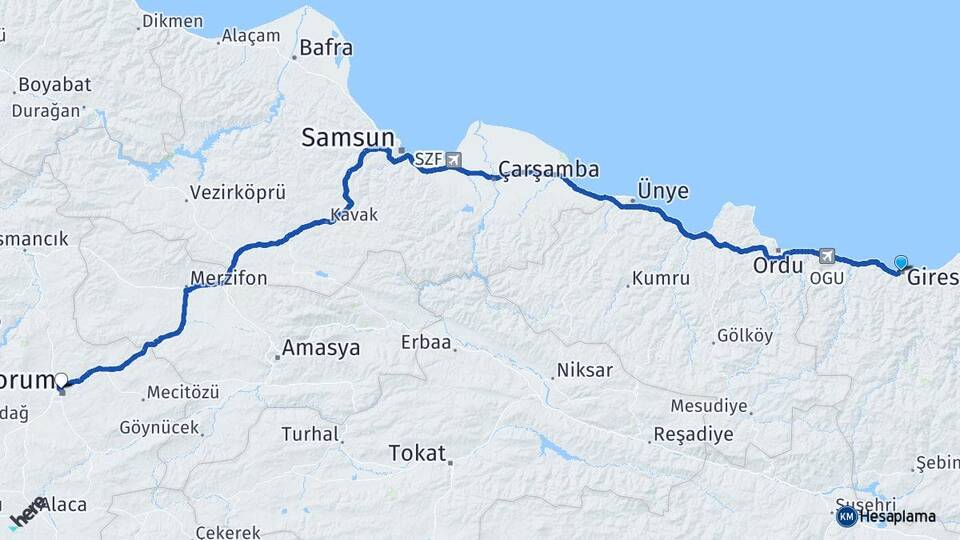 Giresun İnişdibi Arası Kaç Km - Yol Haritası