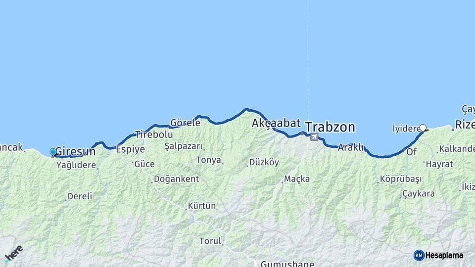 Giresun İyidere Rize Arası Kaç Km - Yol Haritası