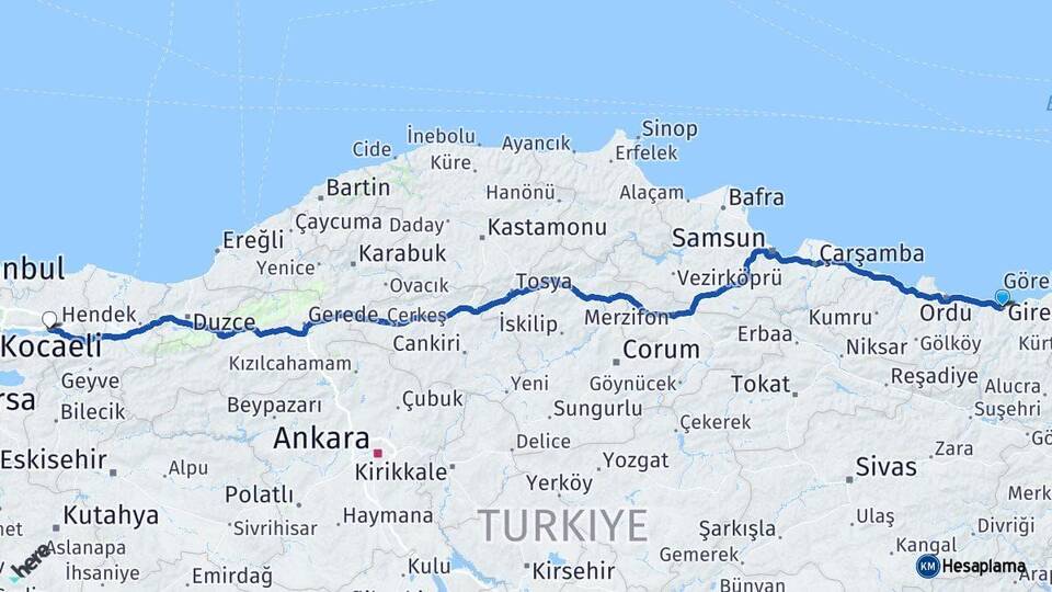 Giresun İzmit Kocaeli Arası Kaç Km - Yol Haritası