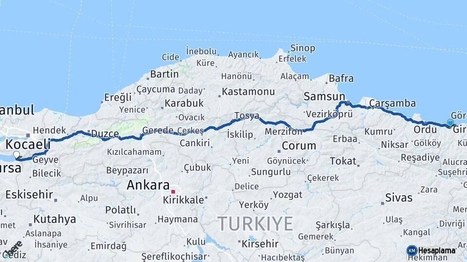 Giresun İznik Bursa Arası Kaç Km - Yol Haritası