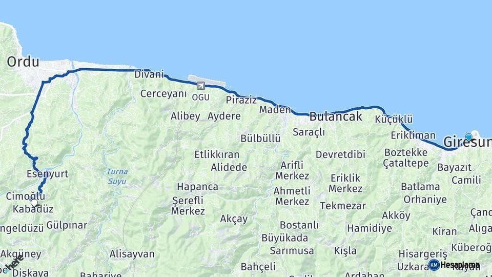 Giresun Kabadüz Ordu Arası Kaç Km - Yol Haritası