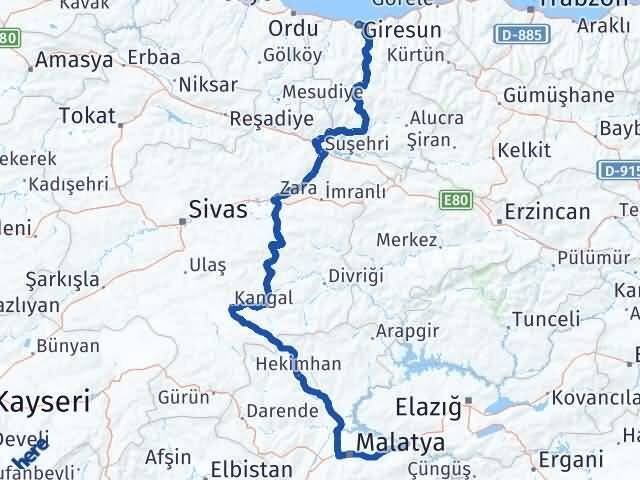 Giresun Kale Malatya Arası Kaç Km - Yol Haritası
