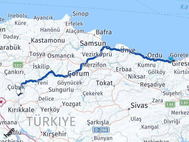 Giresun Kalecik Ankara Arası Kaç Km - Yol Haritası