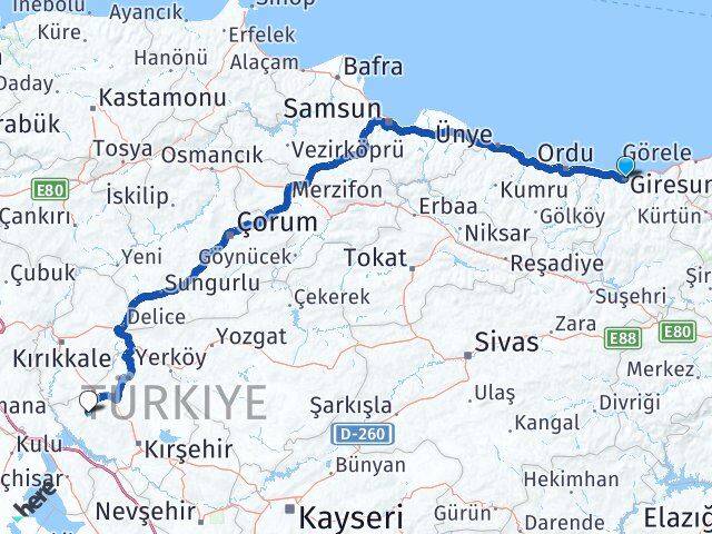 Giresun Kaman Kırşehir Arası Kaç Km - Yol Haritası