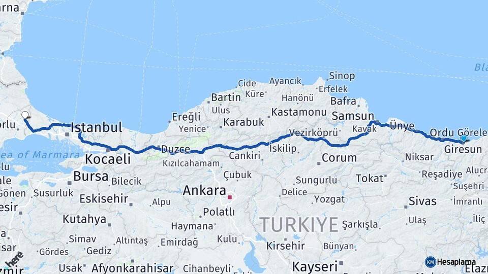 Giresun Kapaklı Tekirdağ Arası Kaç Km - Yol Haritası
