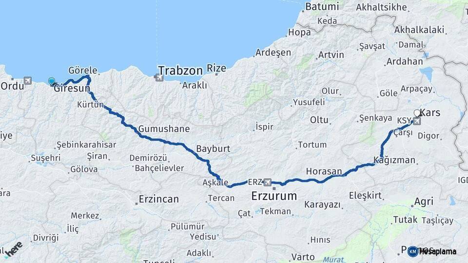 Giresun Kars Arası Kaç Km - Yol Haritası