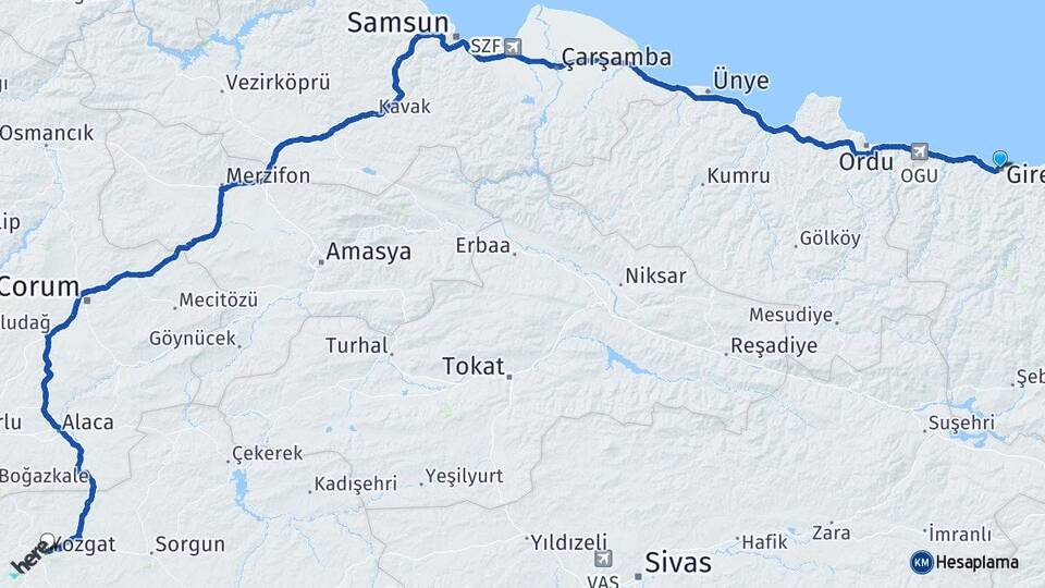 Giresun Kayadibi Arası Kaç Km - Yol Haritası