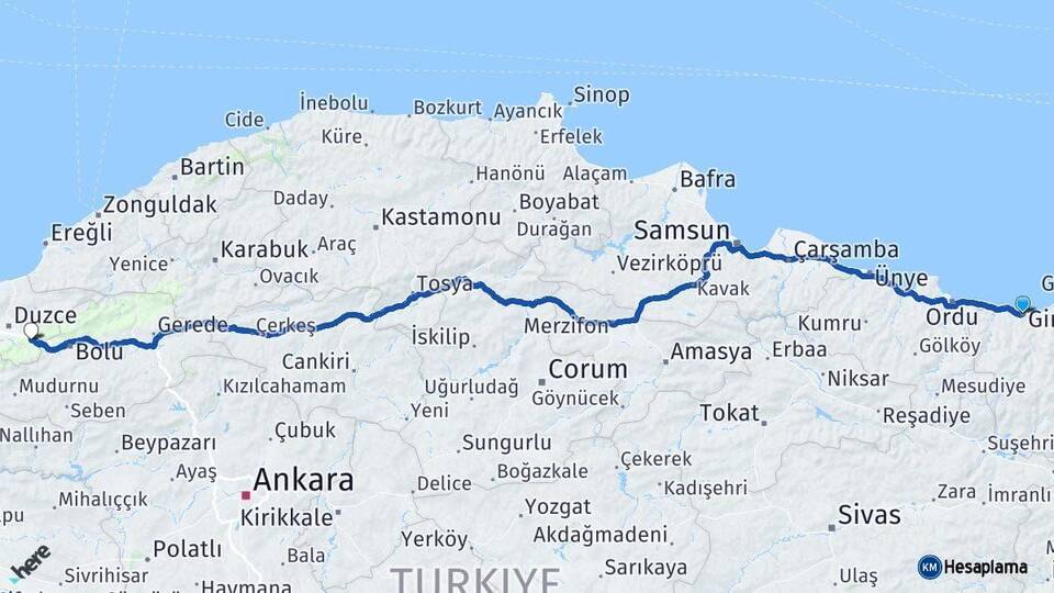 Giresun Kaynaşlı Düzce Arası Kaç Km - Yol Haritası