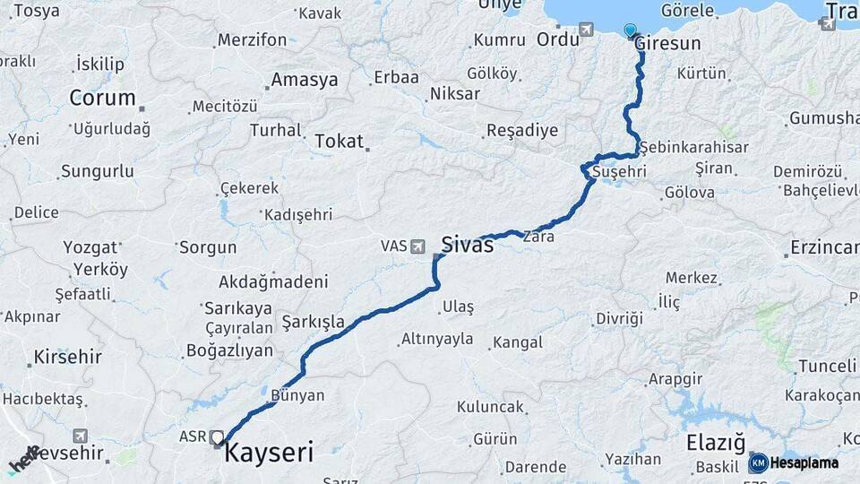 Giresun Kayseri Arası Kaç Km - Yol Haritası
