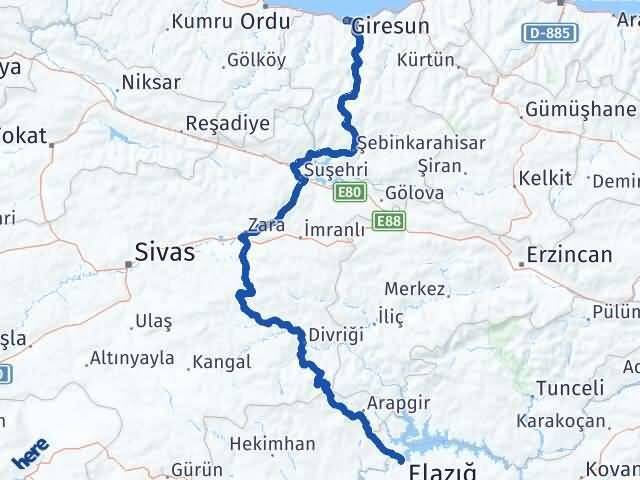 Giresun Keban Elazığ Arası Kaç Km - Yol Haritası