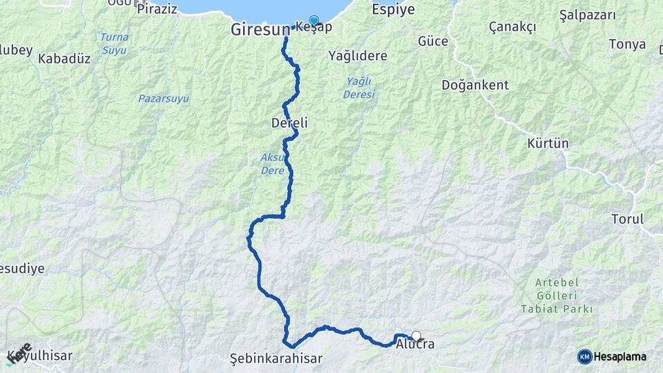 Giresun Keşap Alucra Arası Kaç Km - Yol Haritası