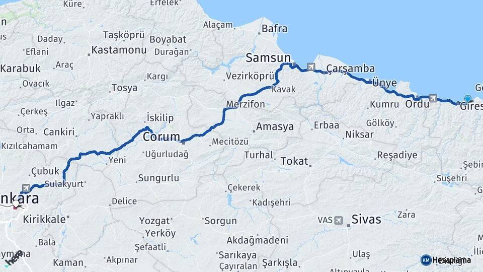 Giresun Keşap Ankara Arası Kaç Km - Yol Haritası