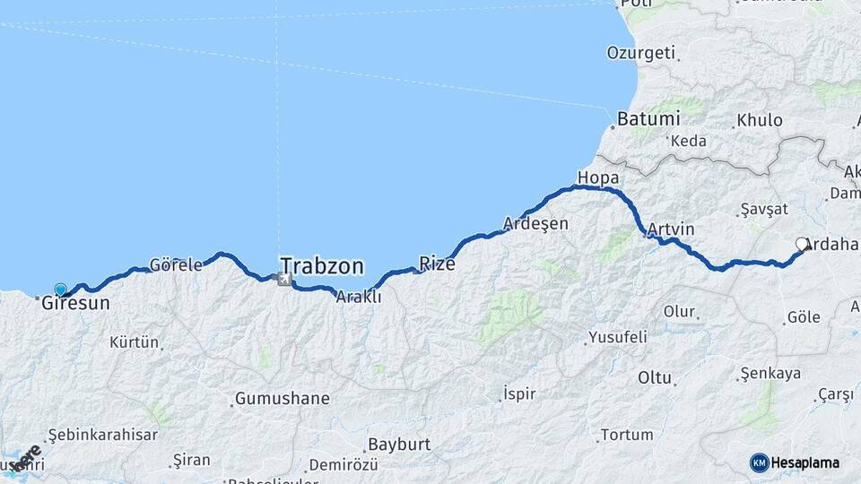 Giresun Keşap Ardahan Arası Kaç Km - Yol Haritası
