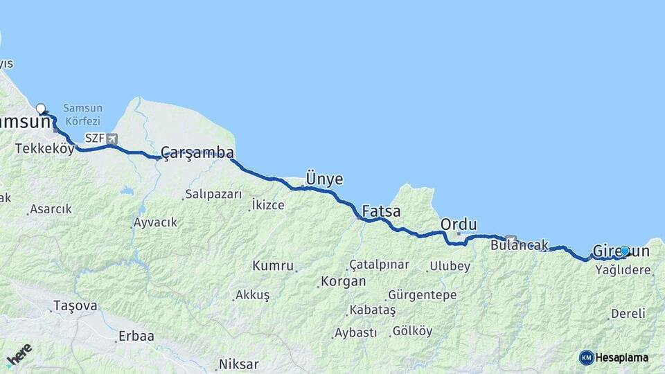 Giresun Keşap Atakum Samsun Arası Kaç Km - Yol Haritası