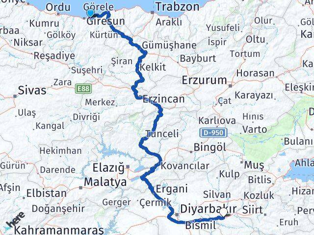 Giresun Keşap Batman Arası Kaç Km - Yol Haritası