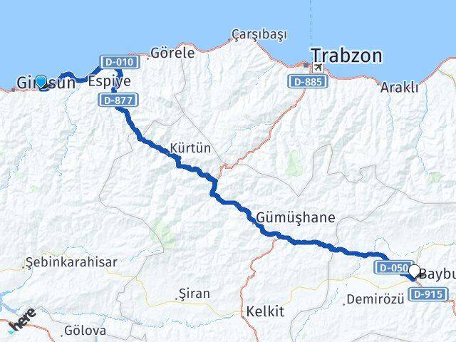Giresun Keşap Bayburt Arası Kaç Km - Yol Haritası
