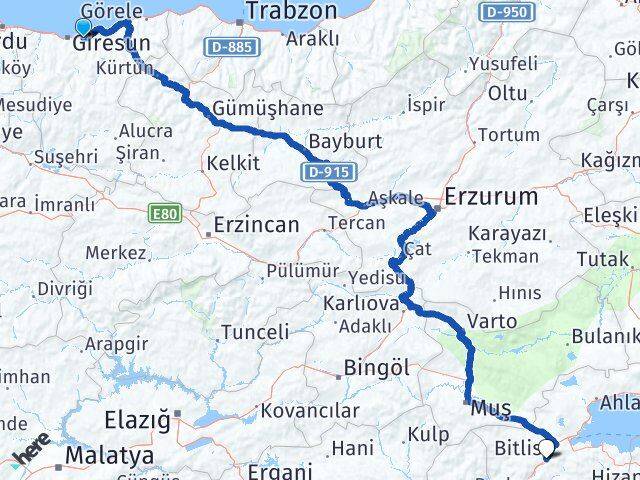 Giresun Keşap Bitlis Arası Kaç Km - Yol Haritası