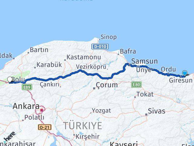 Giresun Keşap Bolu Arası Kaç Km - Yol Haritası