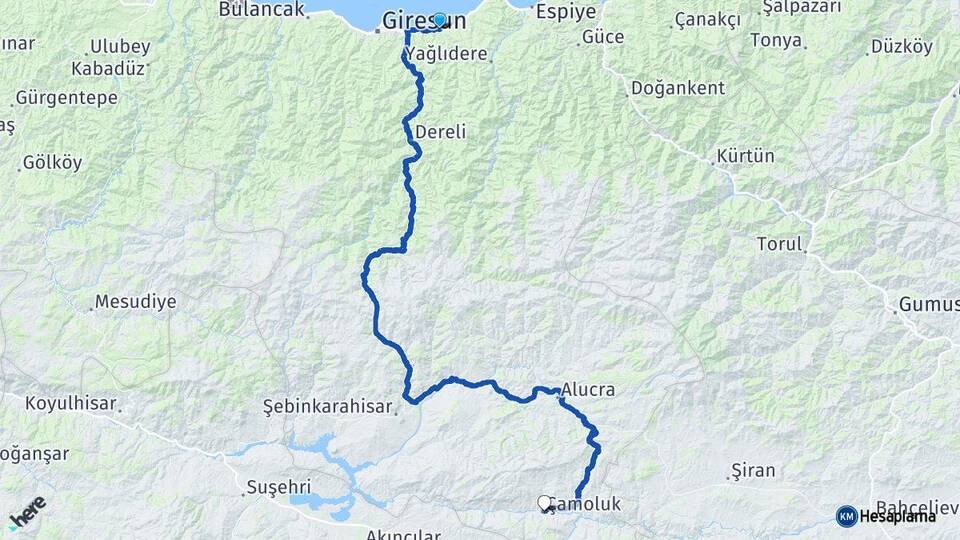 Giresun Keşap Çamoluk Arası Kaç Km - Yol Haritası