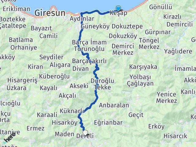 Giresun Keşap Dereli Arası Kaç Km - Yol Haritası
