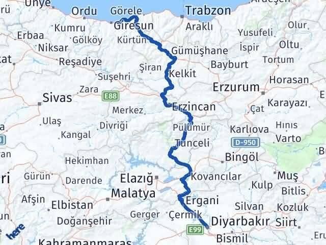 Giresun Keşap Diyarbakır Arası Kaç Km - Yol Haritası