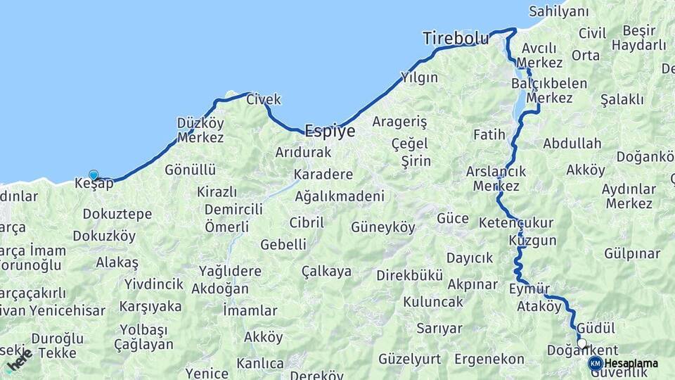 Giresun Keşap Doğankent Arası Kaç Km - Yol Haritası