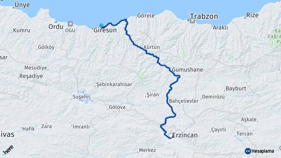 Giresun Keşap Erzincan Arası Kaç Km - Yol Haritası