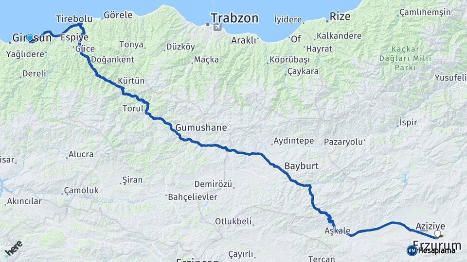 Giresun Keşap Erzurum Arası Kaç Km - Yol Haritası