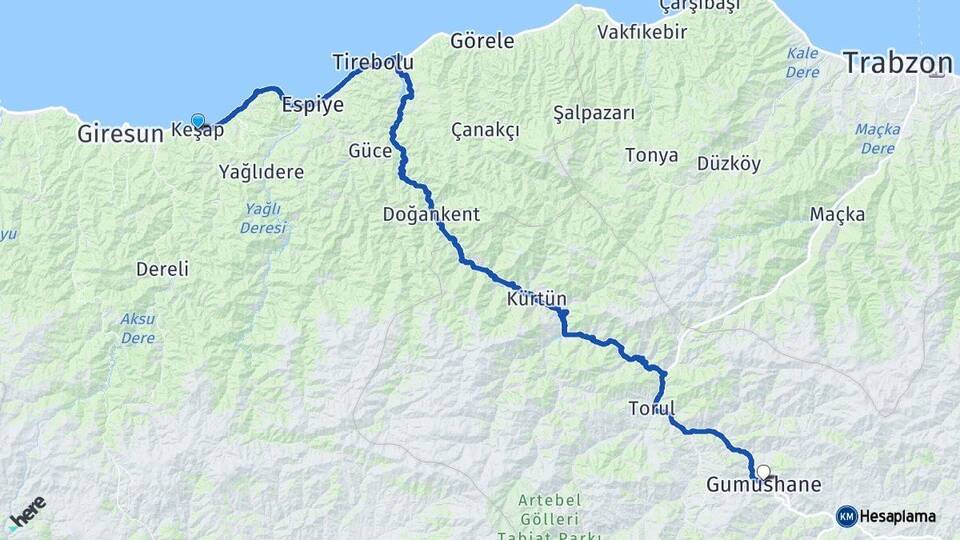 Giresun Keşap Gümüşhane Arası Kaç Km - Yol Haritası