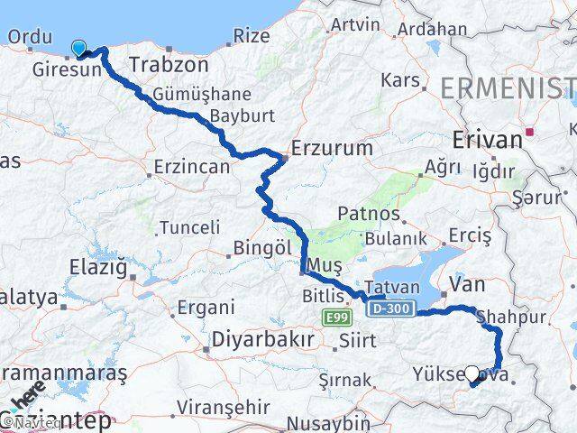 Giresun Keşap Hakkari Arası Kaç Km - Yol Haritası