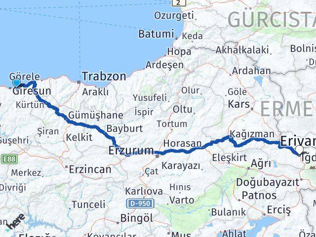 Giresun Keşap Iğdır Arası Kaç Km - Yol Haritası