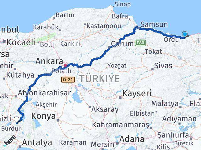 Giresun Keşap Isparta Arası Kaç Km - Yol Haritası