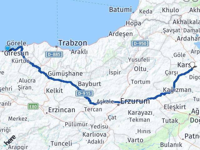 Giresun Keşap Kars Arası Kaç Km - Yol Haritası