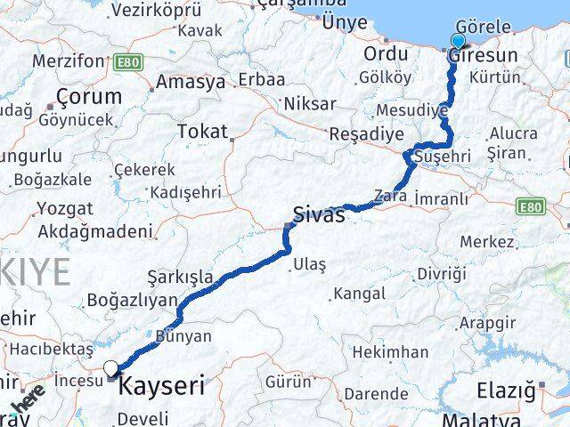 Giresun Keşap Kayseri Arası Kaç Km - Yol Haritası