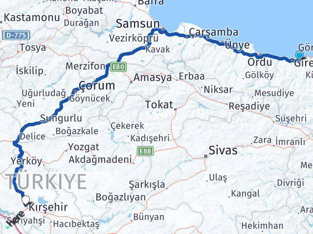 Giresun Keşap Kırşehir Arası Kaç Km - Yol Haritası