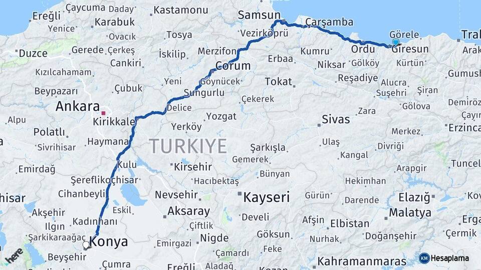 Giresun Keşap Konya Arası Kaç Km - Yol Haritası