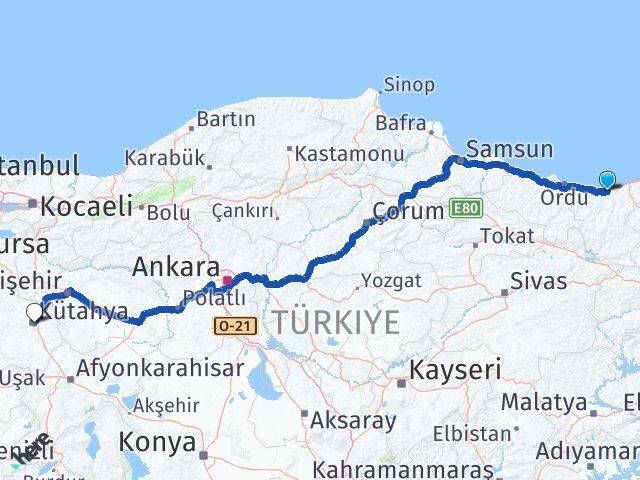 Giresun Keşap Kütahya Arası Kaç Km - Yol Haritası