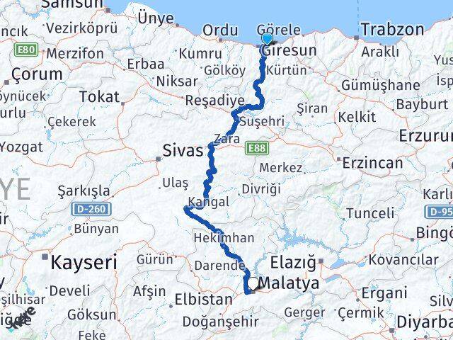 Giresun Keşap Malatya Arası Kaç Km - Yol Haritası