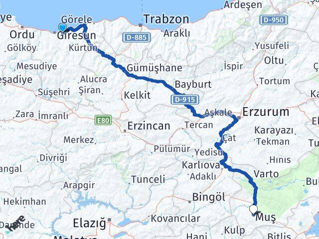 Giresun Keşap Muş Arası Kaç Km - Yol Haritası