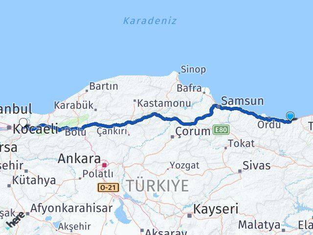 Giresun Keşap Sakarya Arası Kaç Km - Yol Haritası