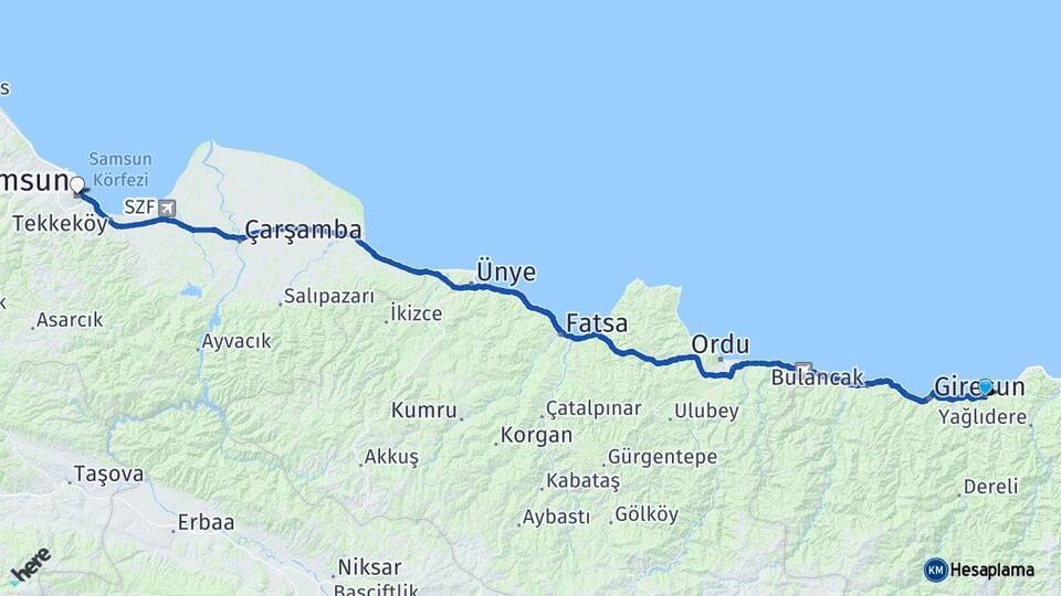 Giresun Keşap Samsun Arası Kaç Km - Yol Haritası