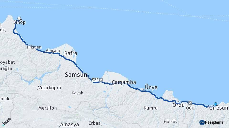 Giresun Keşap Sinop Arası Kaç Km - Yol Haritası