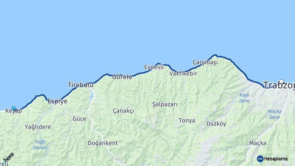 Giresun Keşap Trabzon Arası Kaç Km - Yol Haritası
