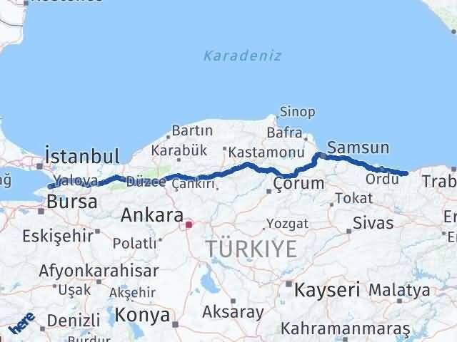 Giresun Keşap Yalova Arası Kaç Km - Yol Haritası