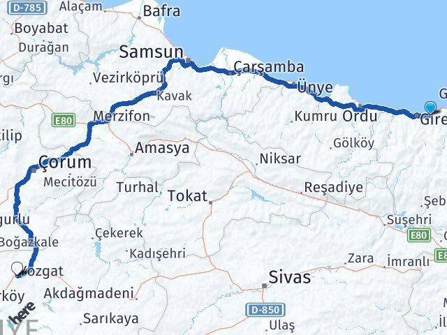 Giresun Keşap Yozgat Arası Kaç Km - Yol Haritası