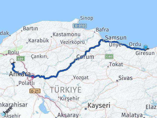 Giresun Kıbrıscık Bolu Arası Kaç Km - Yol Haritası