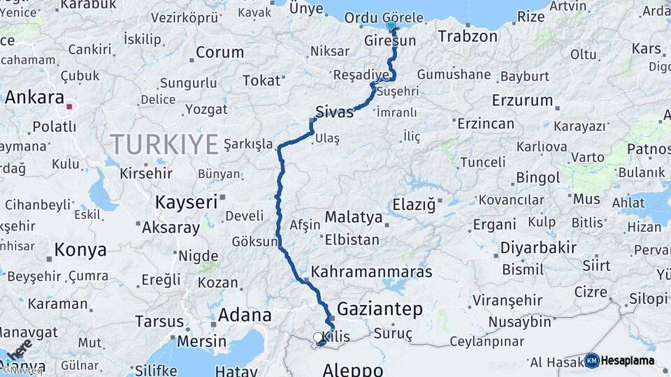 Giresun Kilis Arası Kaç Km - Yol Haritası