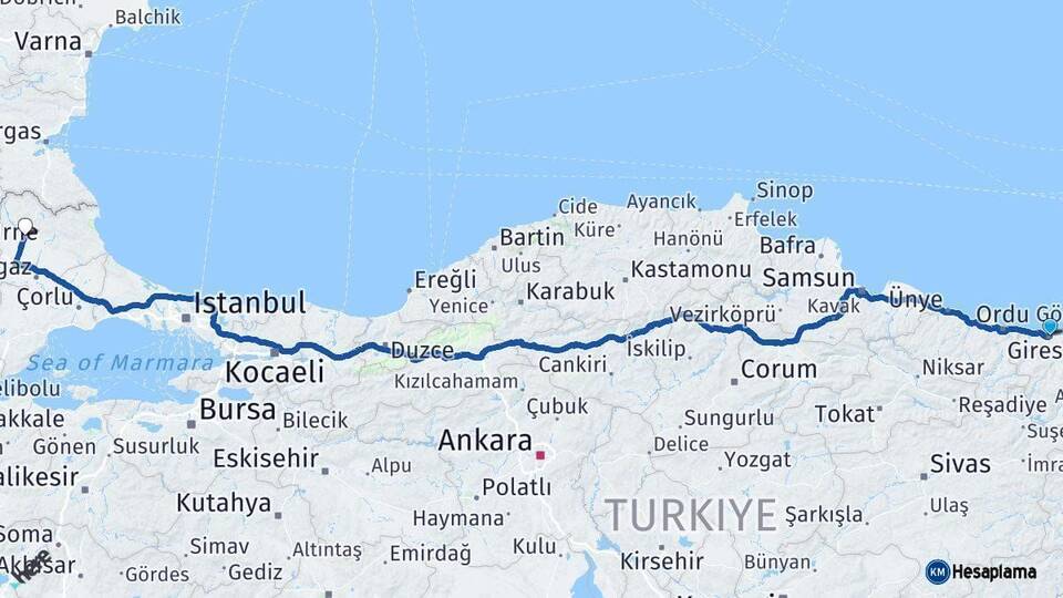 Giresun Kırklareli Arası Kaç Km - Yol Haritası