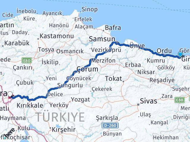 Giresun Kızılay Çankaya Ankara Arası Kaç Km - Yol Haritası
