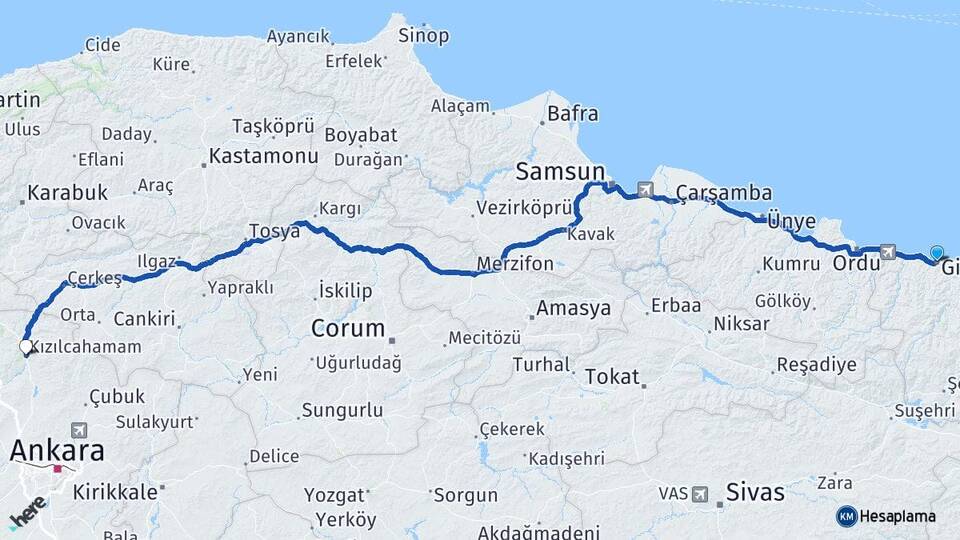 Giresun Kızılcahamam Ankara Arası Kaç Km - Yol Haritası